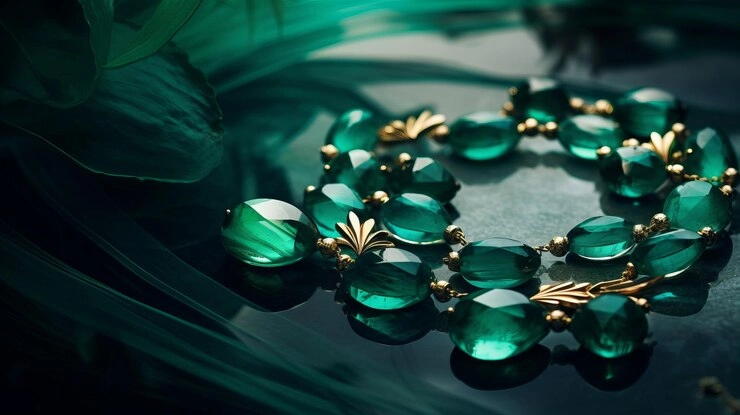 Emerald necklace with gold leaves