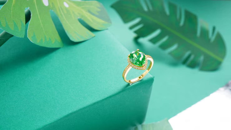 Gold ring with an emerald on a green box